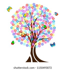 Bright children's tree of flowers and butterflies on a white background. Vector