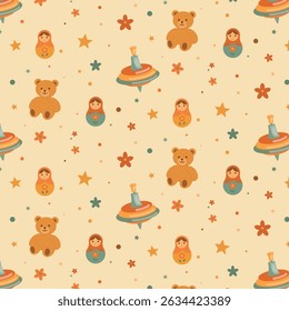 Bright children's Whirlwind toy. Retro drawing in the style of the 80s. Teddy bear, top, whirligig, tumbler, flowers, stars. Children's textiles.