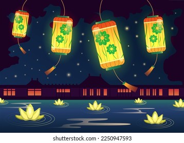 Luces chinas brillantes brillando sobre el agua con flores de loto por la noche. Ilustración vectorial del Festival de la Linterna China, tarjeta decorativa de bienvenida o invitación.