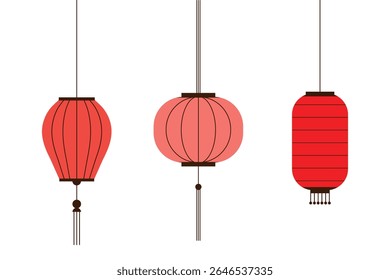 Linternas chinas brillantes. Conjunto de linternas chinas para el año Nuevo lunar, Festival de mediados de otoño o Festival de linternas. Ilustración vectorial aislada sobre fondo blanco.