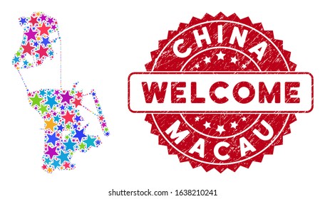 Bright Chinese Macau map collage of stars, and distress rounded red WELCOME stamp. Abstract geographic plan in bright shades. Vector Chinese Macau map is formed from bright stars.