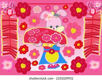 Bright Chinese New Year Bunny Rabbit Cartoon with Plum Blossom Flowers Background Color Illustration