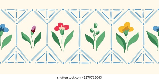 Helle Chintz romantische Wiese Wildblumen und geometrische Tiles Horizontal Vektor nahtlose Muster Grenze. Kernstück Gartenblumen und Blattdruck. Hausfrau Bouquet. Bauernhaus-Hintergrund. Blumen