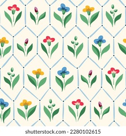 Bright Chintz Romantic Meadow Wildflowers and Geometric Tiles Vector Seamless Pattern. Cottagecore Garden Flowers and Foliage Print. Homestead Bouquet. Farmhouse Background. Flowers in Greenhouse