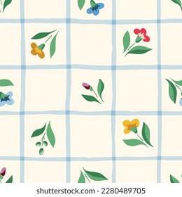 Bright Chintz Romantic Meadow Wildflowers and Windowpane Plaid Vector Seamless Pattern. Cottagecore Garden Flowers and Foliage Print. Homestead Bouquet. Farmhouse Background