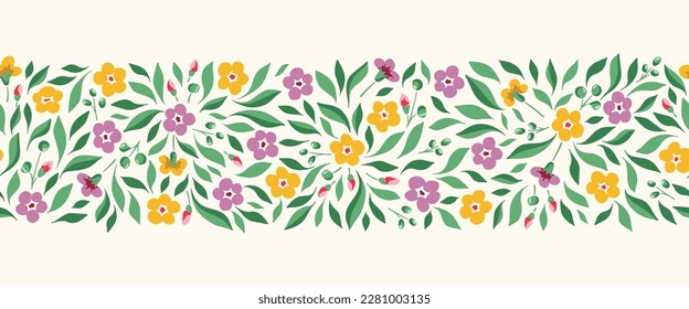 Helle Chintz romantische Wiese Wildblumen Horizontal Vektor nahtlose Muster Grenze. Kernstück Gartenblumen und Blattdruck. Hausfrau Bouquet. Bauernhof-Hintergrund