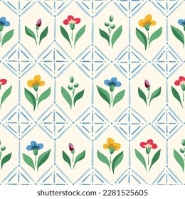 Helle Chintz romantische Wiese Wildblumen und geometrische Tiles Vektor nahtlose Muster. Kernstück Gartenblumen und Blattdruck. Hausfrau Bouquet. Bauernhaus-Hintergrund. Blumen in Greenhouse