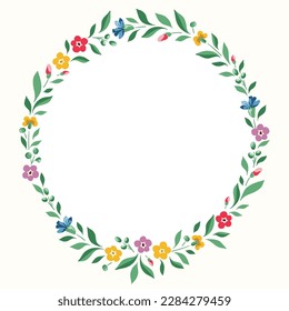 Bright Chintz Romantic Meadow Wildflowers Vector Round Frame. Cottagecore Garden Flowers and Foliage Wedding Invitation. Homestead Bouquet. Farmhouse Background