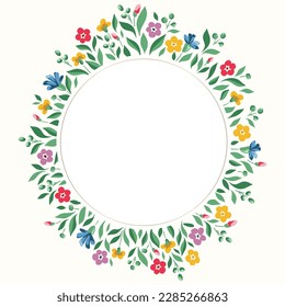 Bright Chintz Romantic Meadow Wildflowers Vector Round Frame. Cottagecore Garden Flowers and Foliage Wedding Invitation. Homestead Bouquet. Farmhouse Background