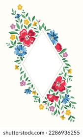 Bright Chintz Romantic Meadow Wildflowers Vector Diamond Frame. Cottagecore Garden Flowers and Foliage Wedding Invitation. Homestead Bouquet. Farmhouse Background