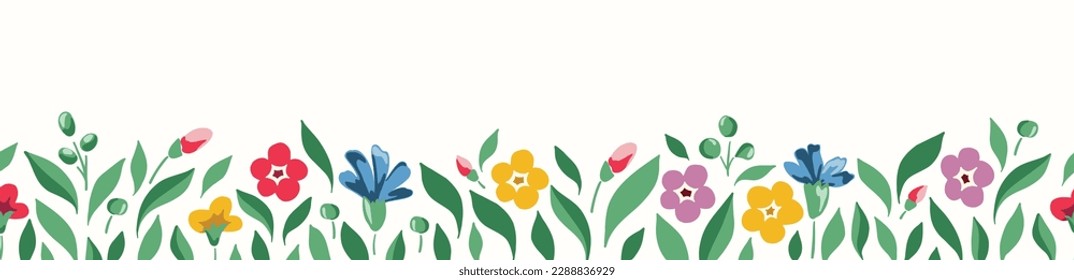 Bright Chintz Romantic Meadow Wildflowers Vector Horizontal Seamless Border. Cottagecore Garden Flowers and Foliage Wedding Invitation. Homestead Bouquet. Farmhouse Background