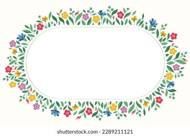 Helle Chintz romantische Wiese Wildblumen Vektor Ellipse Oval Frame. Grundgartenblumen und Blütenblatteinladung für Hochzeiten. Hausfrau Bouquet. Bauernhof-Hintergrund