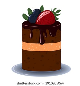 Bright chocolate cake with a layer, decorated with drops of chocolate and berries. Cake with fresh berries and chocolate isolated on a white background. Vector illustration