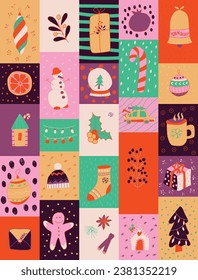 Bright Christmas Advent calendar. Winter holidays. Christmas attributes. Christmas banner. Vector illustration.