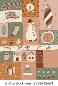 Bright Christmas Advent calendar. Winter holidays. Christmas attributes. Christmas banner. Vector illustration.