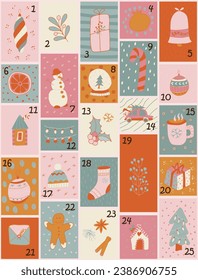 Bright Christmas Advent calendar. Winter holidays. Christmas attributes. Christmas banner. Vector illustration.
