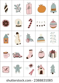 Bright Christmas Advent calendar. Winter holidays. Christmas attributes. Christmas banner. Vector illustration.