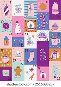 Bright Christmas Advent calendar. Winter holidays. Christmas attributes. Christmas banner. Vector illustration.