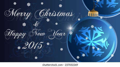 Bright Christmas background with blue evening balls and Christmas tree