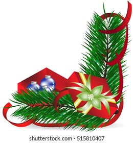 Bright Christmas background with a branch of pine and Christmas gifts with blue balls on a white background