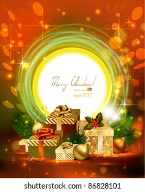 bright  Christmas background with evening balls and a lot of gifts
