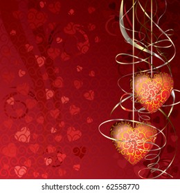Bright christmas balls in form of a heart on a red background