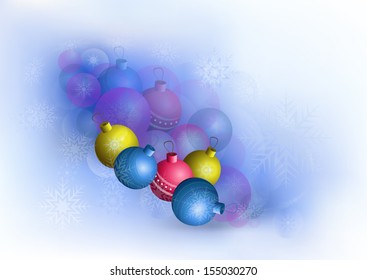 Bright Christmas balls and snowflakes  on bluish white mesh gradient background