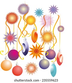 Bright Christmas balls and snowflakes on a white background. Vector illustration.