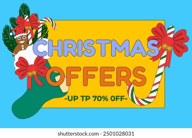 Bright Christmas banner featuring a festive stocking, candy cane, and Christmas Offers message. Perfect for holiday promotions.