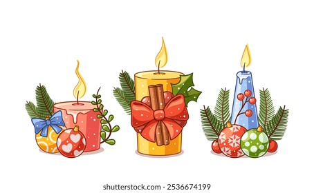 Bright Christmas Candles Adorned With Holly Leaves, Ribbons And Colorful Ornaments on White Background