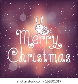 Bright Christmas card with bunny. Lettering painted by hand. Vector illustration.