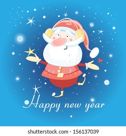 Bright Christmas card by Santa Claus on a blue background with snowflakes 