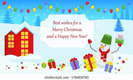 Bright Christmas card with characters for holiday decorations. Snowman with gifts and wishlist. Santa Claus's cottage in the north in Lapland. Horizontal banner. Flat vector cartoon illustration.