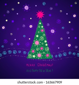 bright christmas card with decorated tree and snowflakes