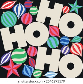 Bright Christmas Card Design with Festive Ornaments and HO HO HO Text