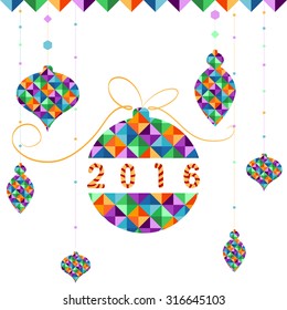 Bright Christmas card in the form of Christmas balls made with colorful triangles, new year 2016
