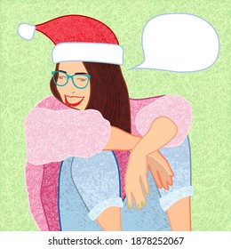 A bright Christmas card with a picture of a laughing young girl in a red hat. textured graphics.