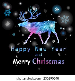 Bright Christmas card with a reindeer on a black background with snowflakes 