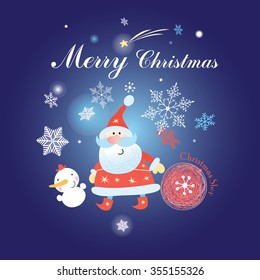 Bright Christmas card with Santa Claus and a snowman on a blue background

