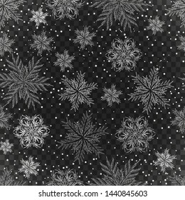 Bright Christmas card with snow and snowflakes on transparent background. Winter frozen texture. Vector illustration