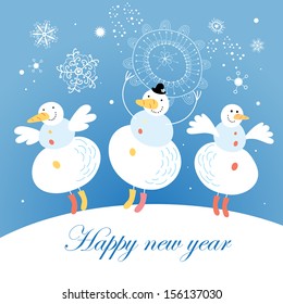 Bright Christmas card with a snowman on a blue background with snowflakes 