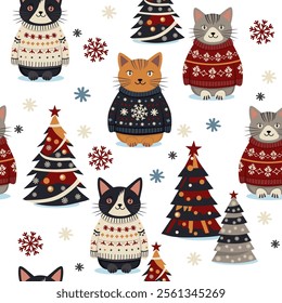 bright christmas cats among fir trees