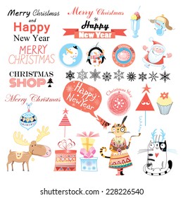 Bright christmas colorful set of different design elements on a white background 