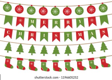 Bright Christmas garlands. Merry Christmas background with xmas bunting flags, balls, christmas trees, socks. Winter holiday design. Vector illustration.