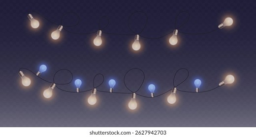 Bright Christmas glowing garlands. On a transparent background.
