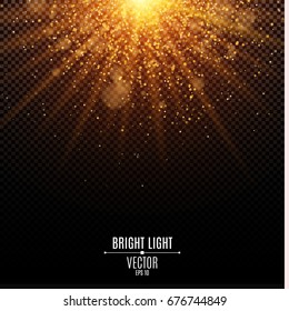 Bright Christmas golden light. Flash Light. Abstract orange lights and rays of light. Gold sand. Festive background. Glare bokeh. Vector illustration