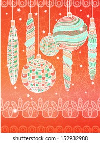 Bright Christmas greeting card with hand drawn decorative balls. Eps10