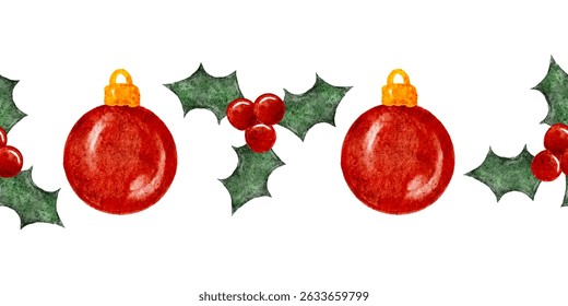 Bright Christmas holiday ornaments and holly seamless border design. Vector illustration