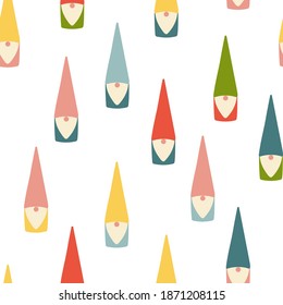 Bright Christmas illustration with gnomes. Vector seamless pattern. Suitable for printing on fabrics, clothes, decoration of gift paper, covers, bed linen.