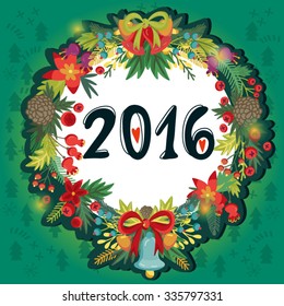 Bright Christmas illustration of Christmas wreath and hand drawn numbers 2016.
